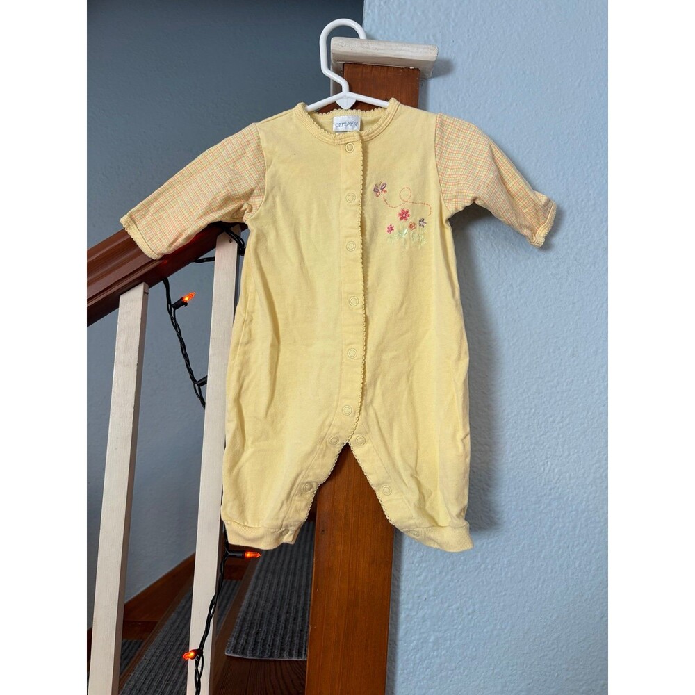 vintage Y2K Carter’s footless jumpsuit romper floral  butterfly yellow 3/6 mths
